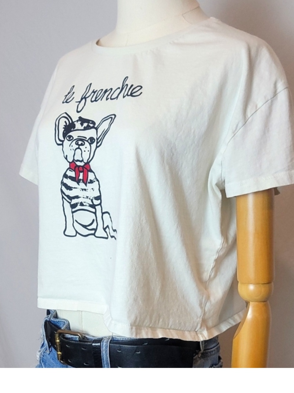 French Connection White Cropped Tee with Black and Red Graphic - Picture 2 of 5